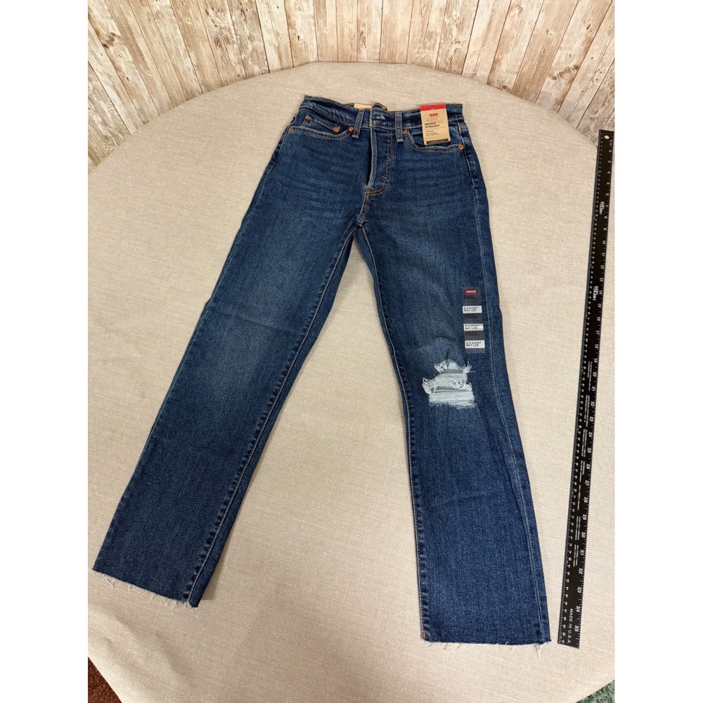 Levis Wedgie Straight Jeans Womens 27 Short High Rise Distressed Blue Denim NWT